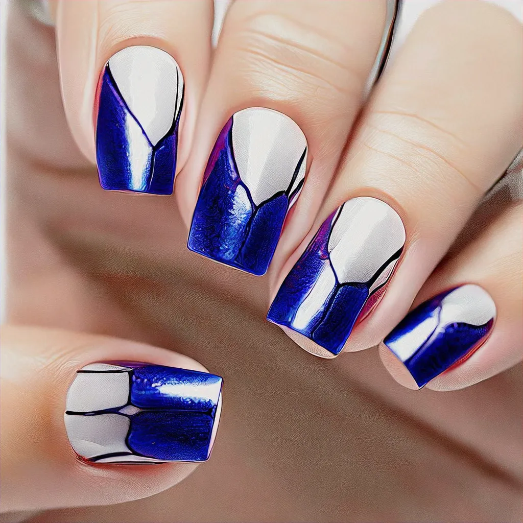 Medium-olive skin contrasts stunningly with a wedding-themed, blue and white chrome spider web on square nails.