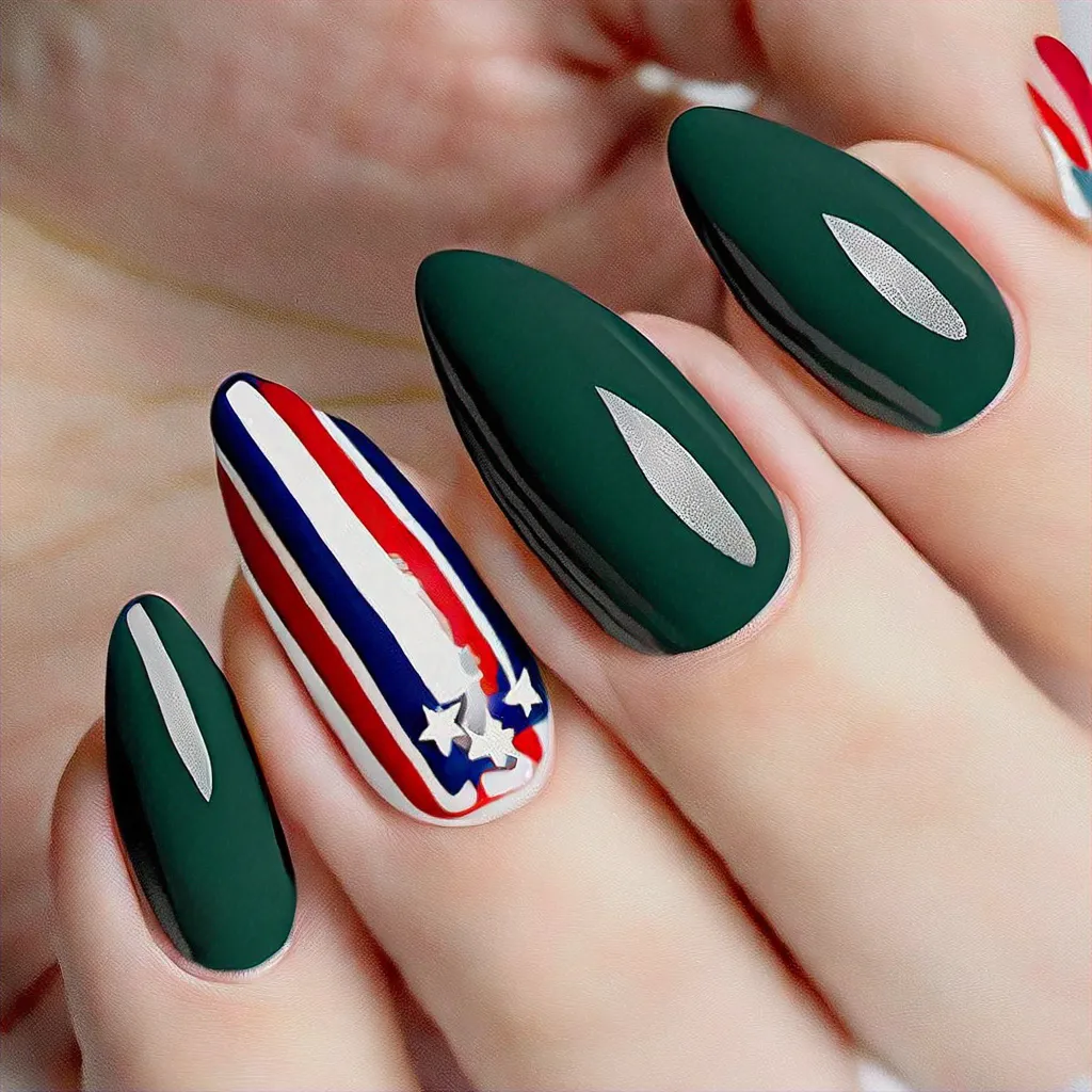 A 4th of July themed, trendy almond-shaped nail in green and black with a French tip, perfect for fair skin tones.