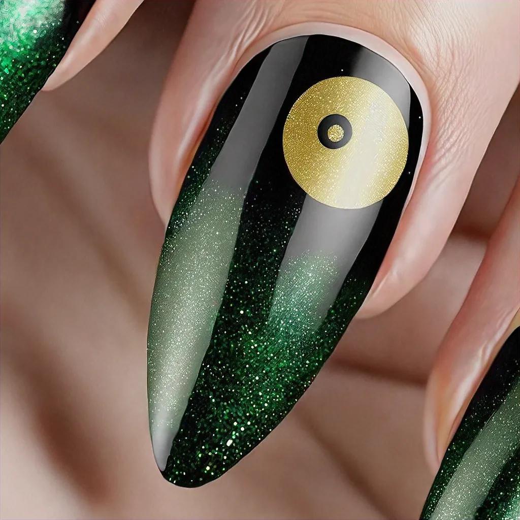 Green and gold ombre glitter stiletto nails in a yin yang style for Christmas on fair skin.