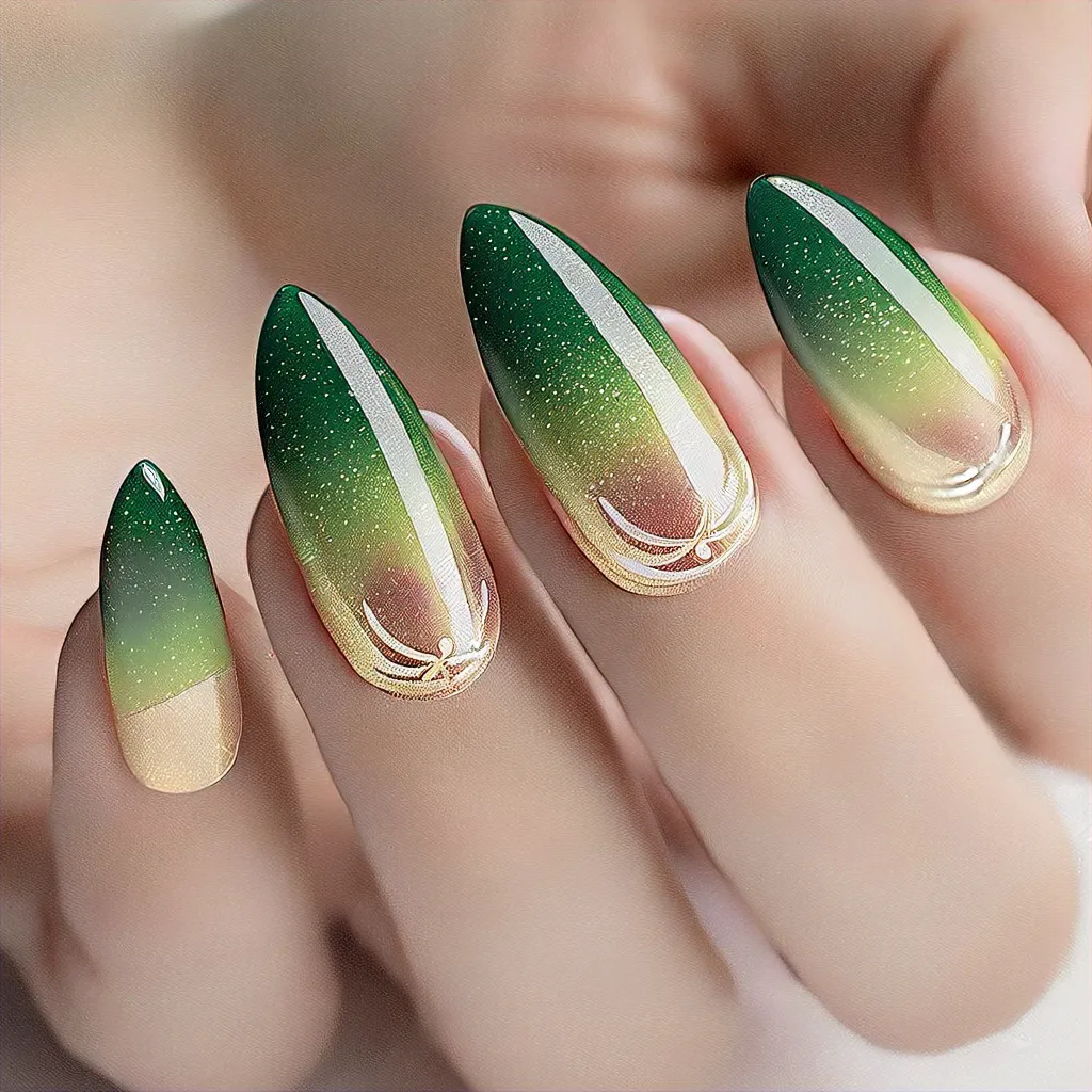 Show off your light-tone skin with almond-shaped nails featuring cruise-themed 3D artistry, ombre techniques in green and gold.