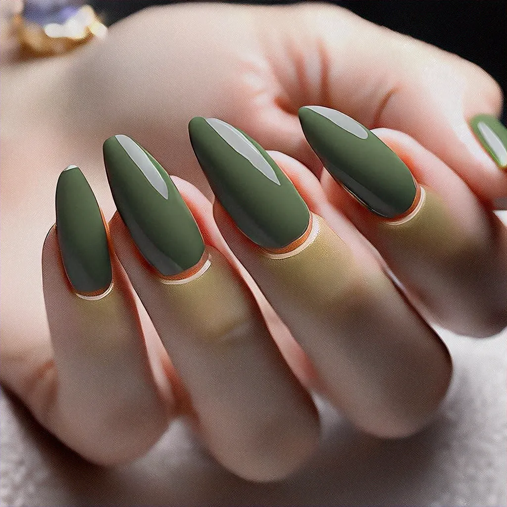 Medium-olive tone complements abstract green and gold coffin-shaped Easter themed powder dip nails.