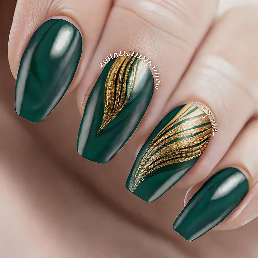 Deep skin tone adorns green and gold oval shaped nails. Fall-themed aesthetic with swirl techniques.