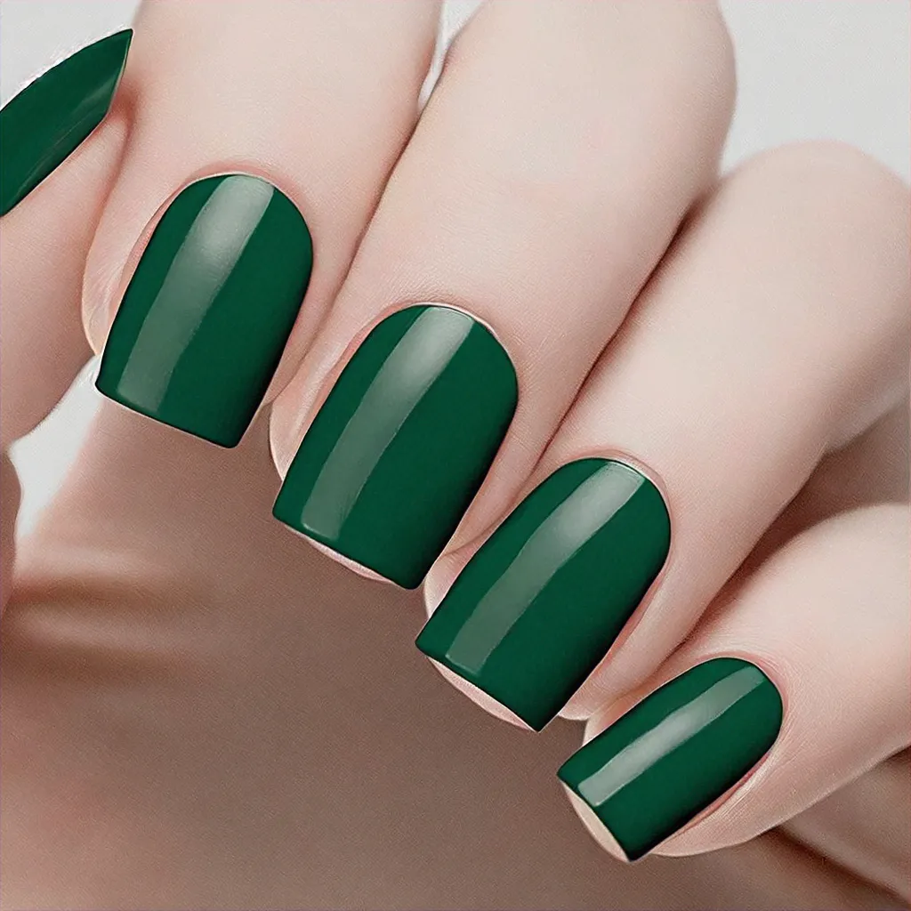 Green Christmas-hued, square-shaped manicure. Perfect for Halloween, designed for fair skin tone using airbrush technique.