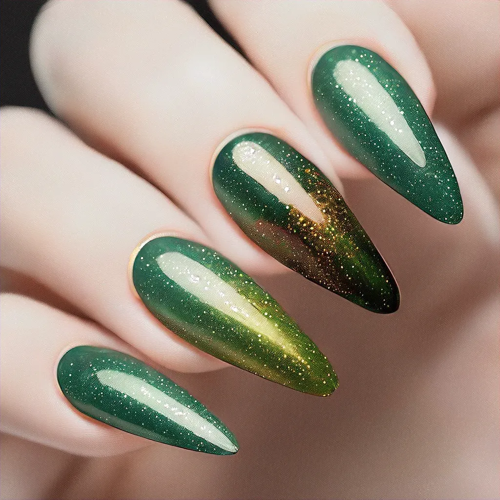 Light skin toned holiday stiletto-shaped nails, in a green christmas color with a unique cat eye technique and bee style.