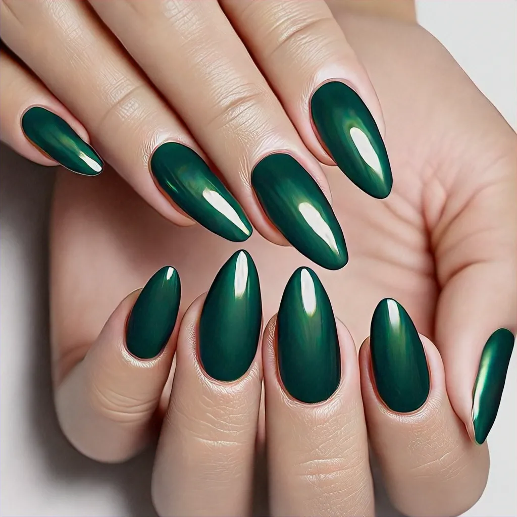 Get into the festive spirit with a boho theme New Year style on almond-shaped, green Christmas-colored nails. Perfect for medium-olive skin.