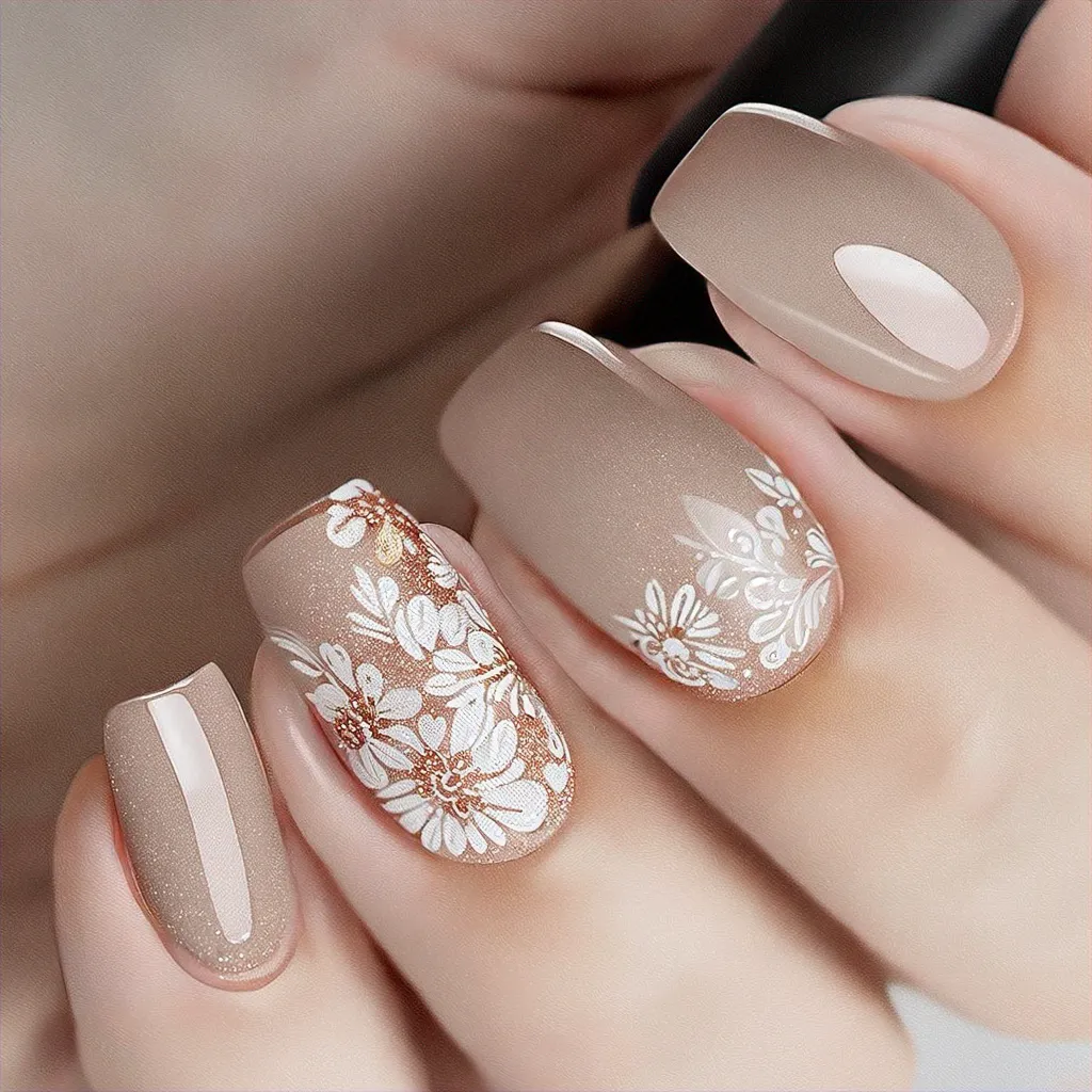 This brown, oval-shaped Valentine's Day themed manicure features a floral style and glitter technique for light skin tones.