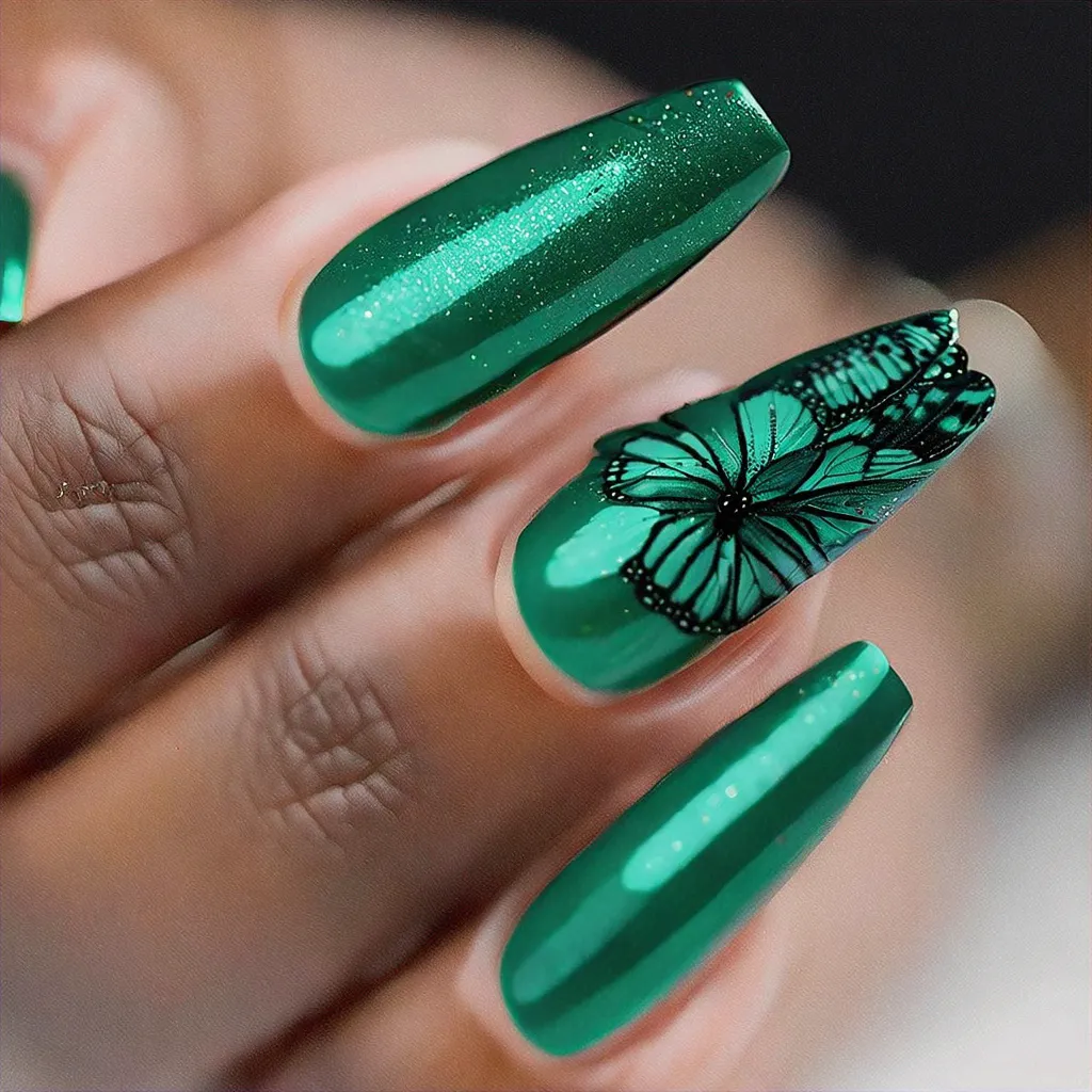 Dip technique used for a party-themed coffin nail shape in a green Christmas color styled as butterflies on deep skin tones.