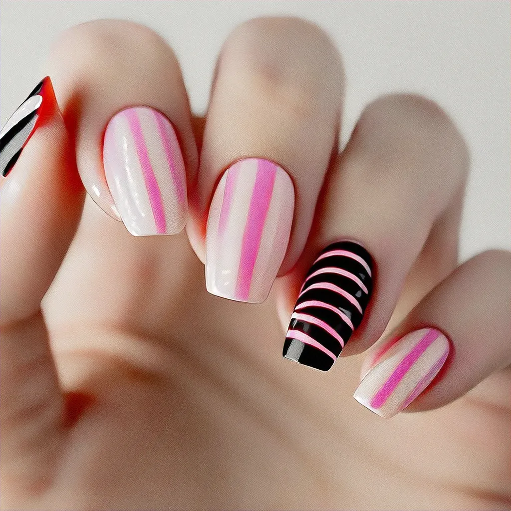 Oval nails with fair skin, pink and black candy cane pattern, spring theme with French tips.