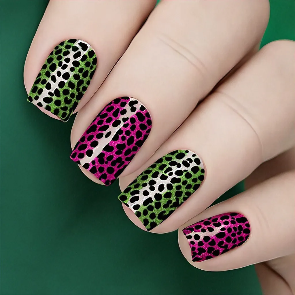 Light skin tone featuring square-shaped pink and black nails. Adorned with glitter for St. Patrick's Day cheetah style.