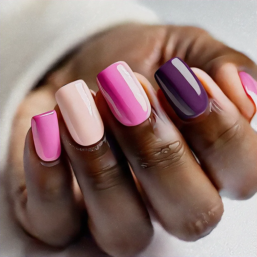 Cute square-shaped nails for a wedding, in a pink and purple powder dip for medium-olive skin tones.