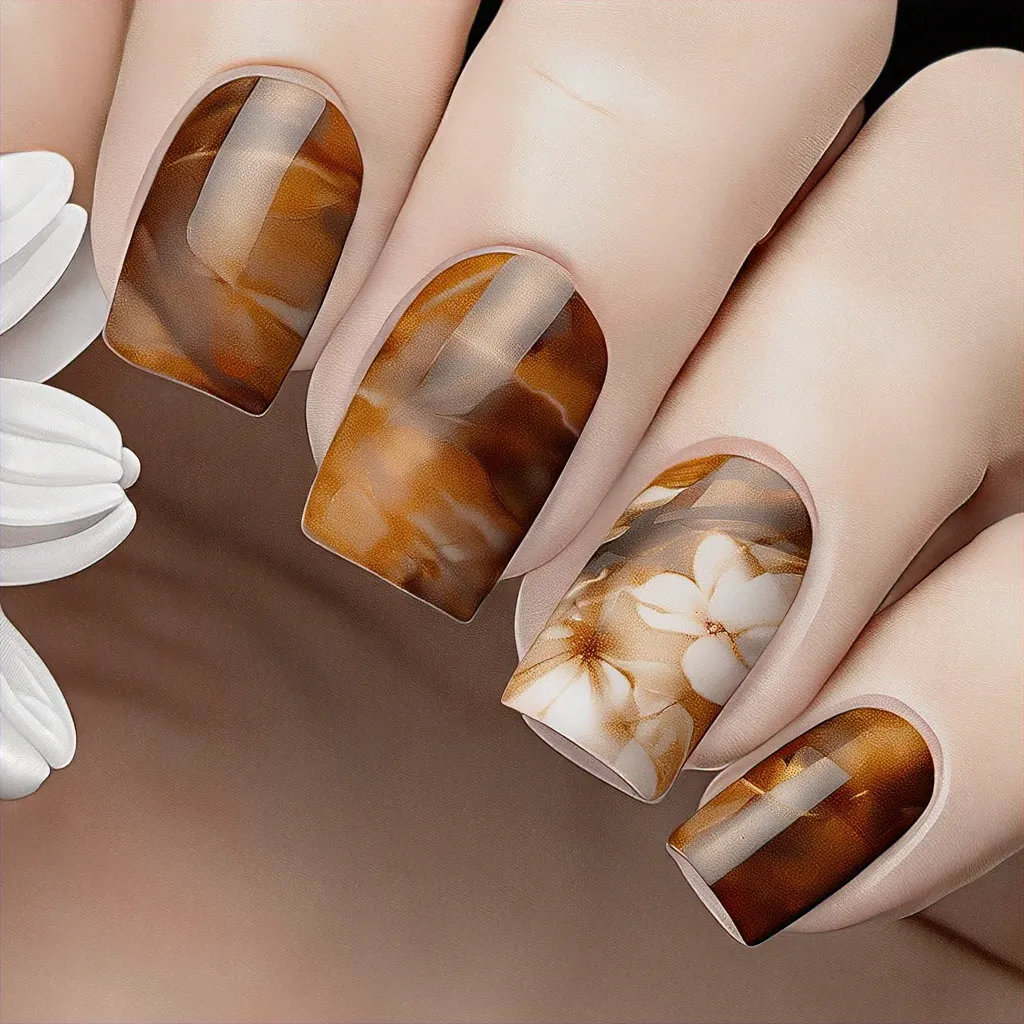 Chic brown, square nails for medium-olive skin tones. Perfect for weddings with a floral, marble twist.