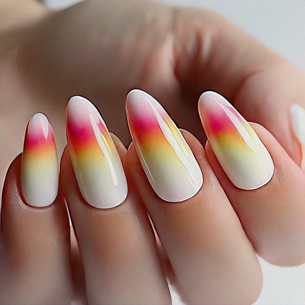 Alluring cat eye technique on coffin-shaped, pink-white nails. Perfect beach theme for light skin tones.