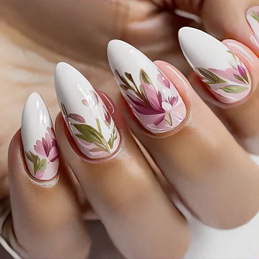 Medium-olive skin flaunts pink, white, chrome birthday theme nails. Features floral style on oval shape.