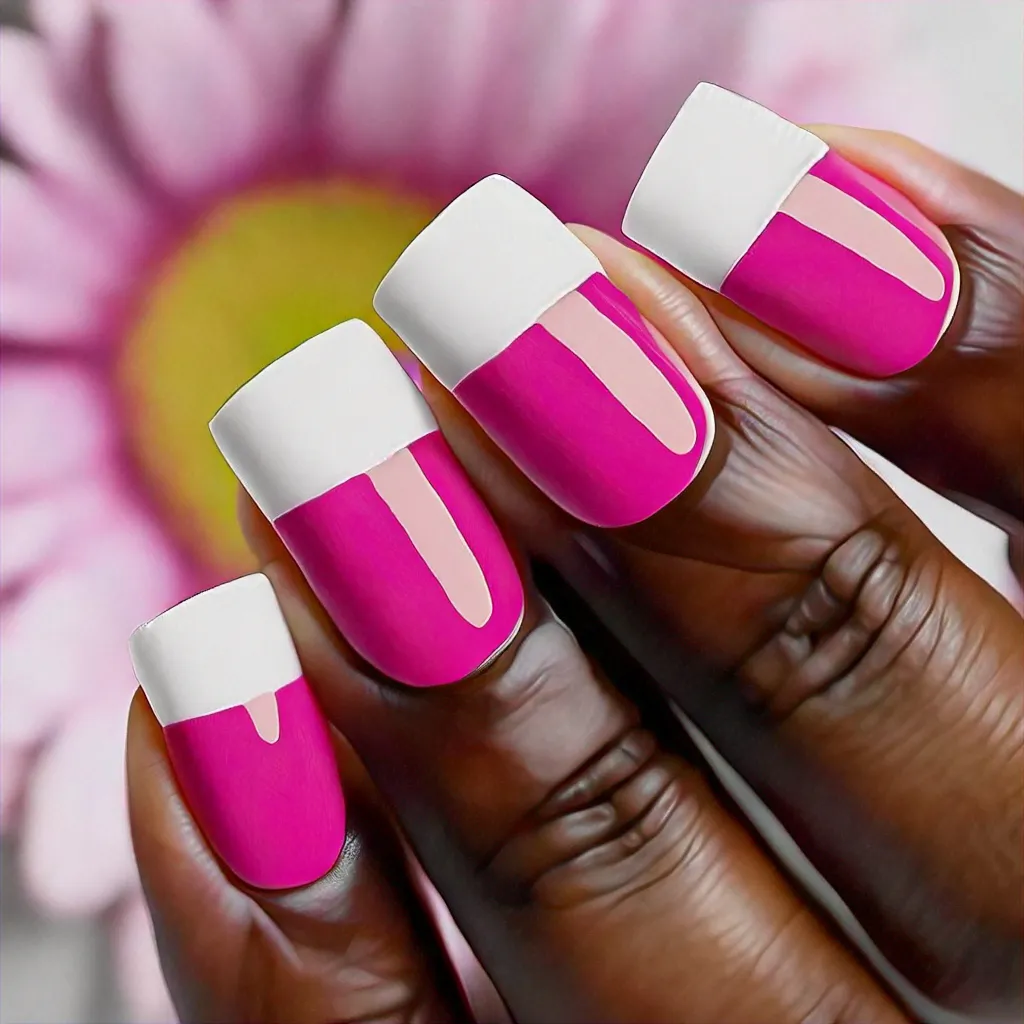 Pink and white dipped square nails with a festive flower style. Ideal for deep skin tones.