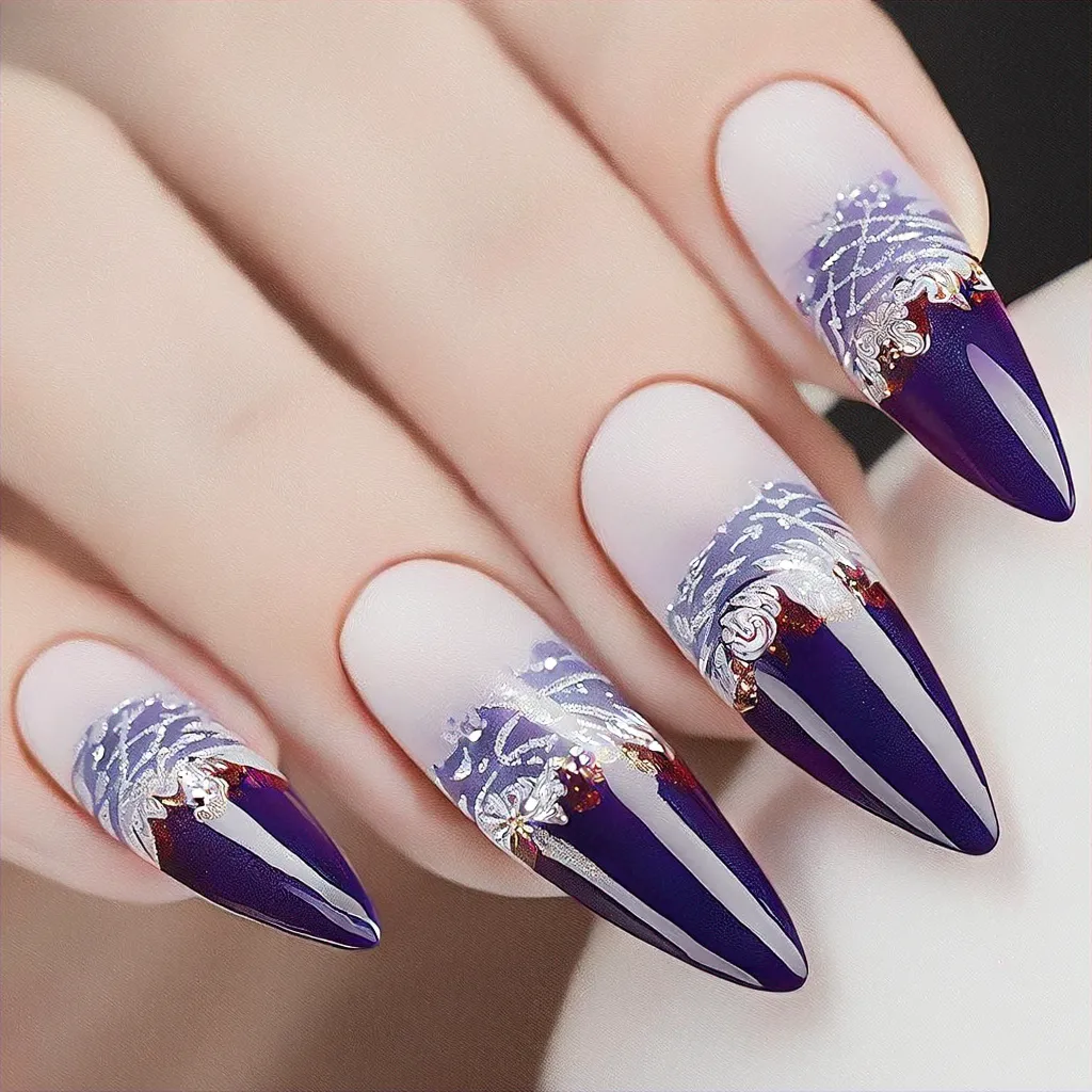 Elegant festive stiletto nails in purple and white foil with french tips. Perfect for fair skin tones.