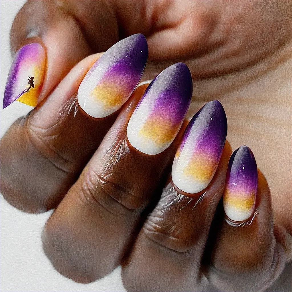 Deep skin tones pop with this oval-shaped, purple and white ombre dip powder nail look. Perfect for fall with a hint of Hawaii.