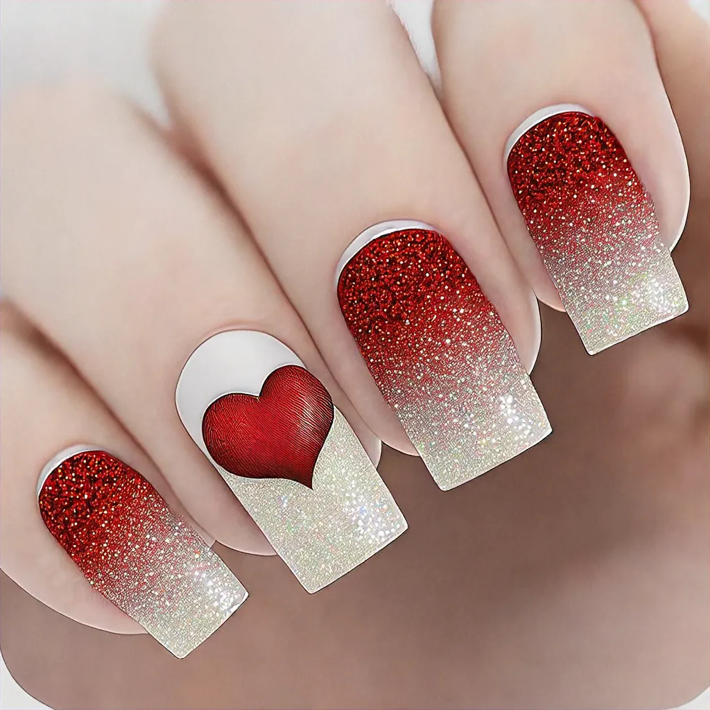 Square-shaped nails in ombre glitter effect, themed in red and white Halloween hearts for fair skin tones.
