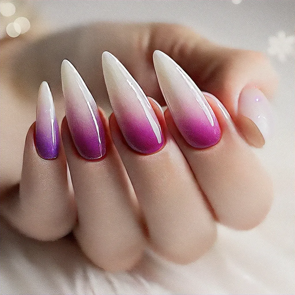 Enjoy the season with a red and white ombre stiletto themed nail style, perfect for light skin tones. Lovely lavender accent added.