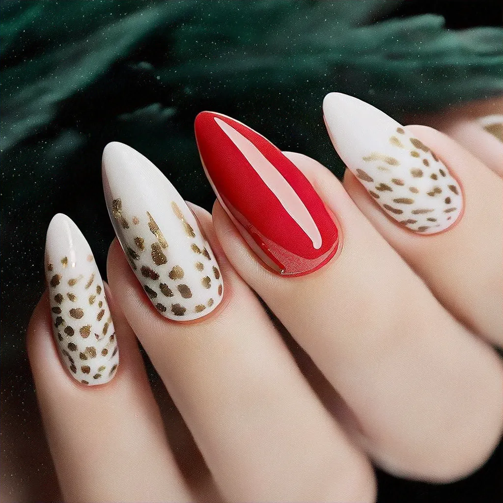 Medium-olive skin toned almond-shaped nails with a festive red and white leopard print, made using a powder dip technique.