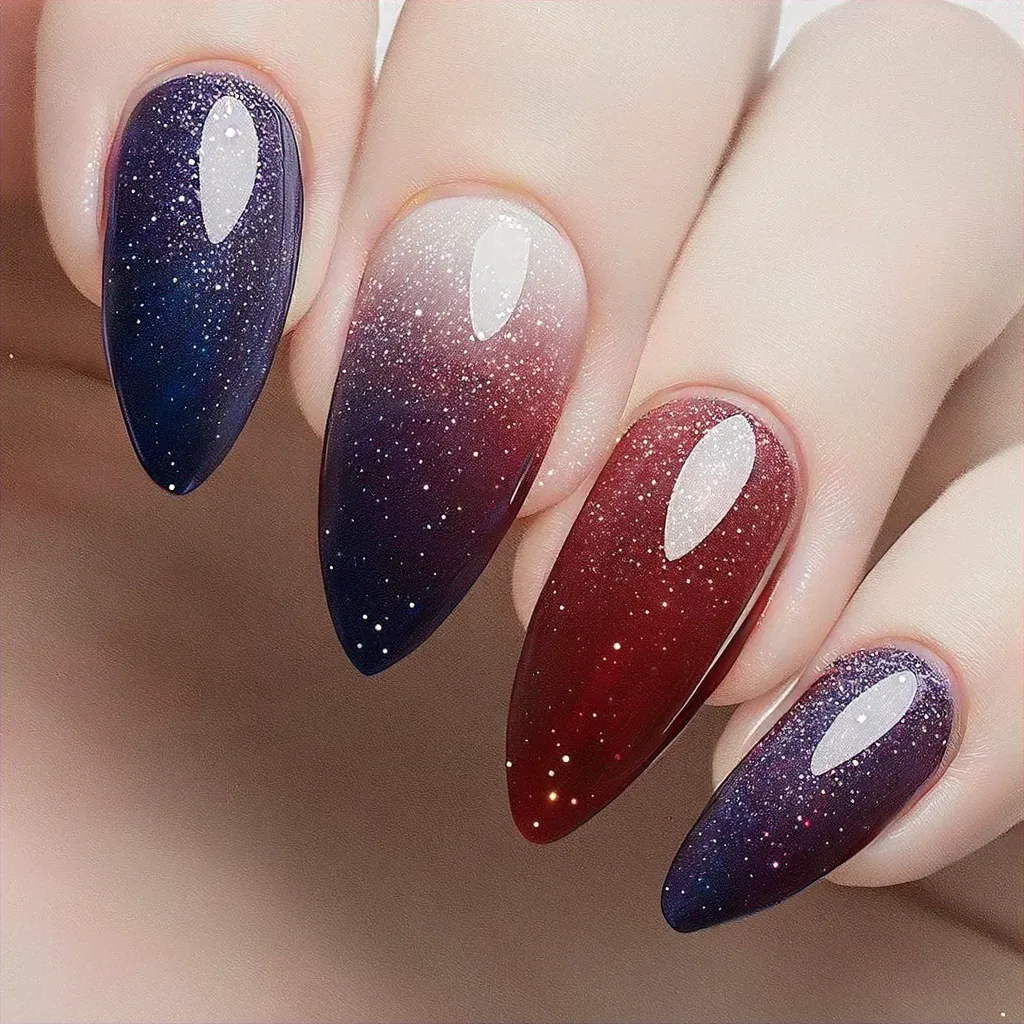 Fair skin? Flaunt almond-shaped nails with a fun 4th of July ombre glitter look in rich burgundy!