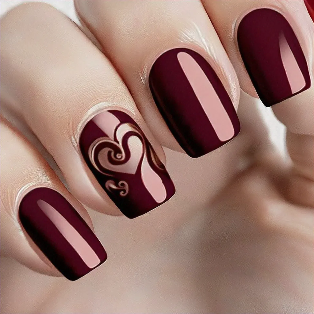 Enjoy a festive burgundy colored square-shaped manicure, garnished with heart style and swirl techniques for deep skin tones.