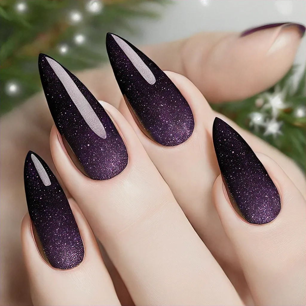 Fair-skinned, dark purple stiletto nails with a lavender Christmas theme, embellished using airbrush techniques.