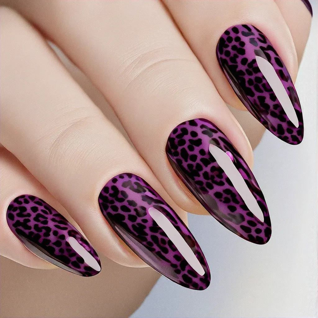 Flaunt your light skin tone with almond-shaped, dark purple cat eye nails with a leopard print, cruise theme.