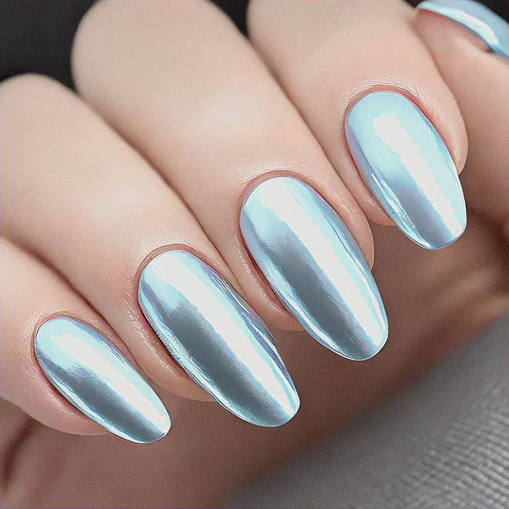 Celebratory birthday theme with a baby blue aesthetic oval shape and chrome technique for medium-olive skin.