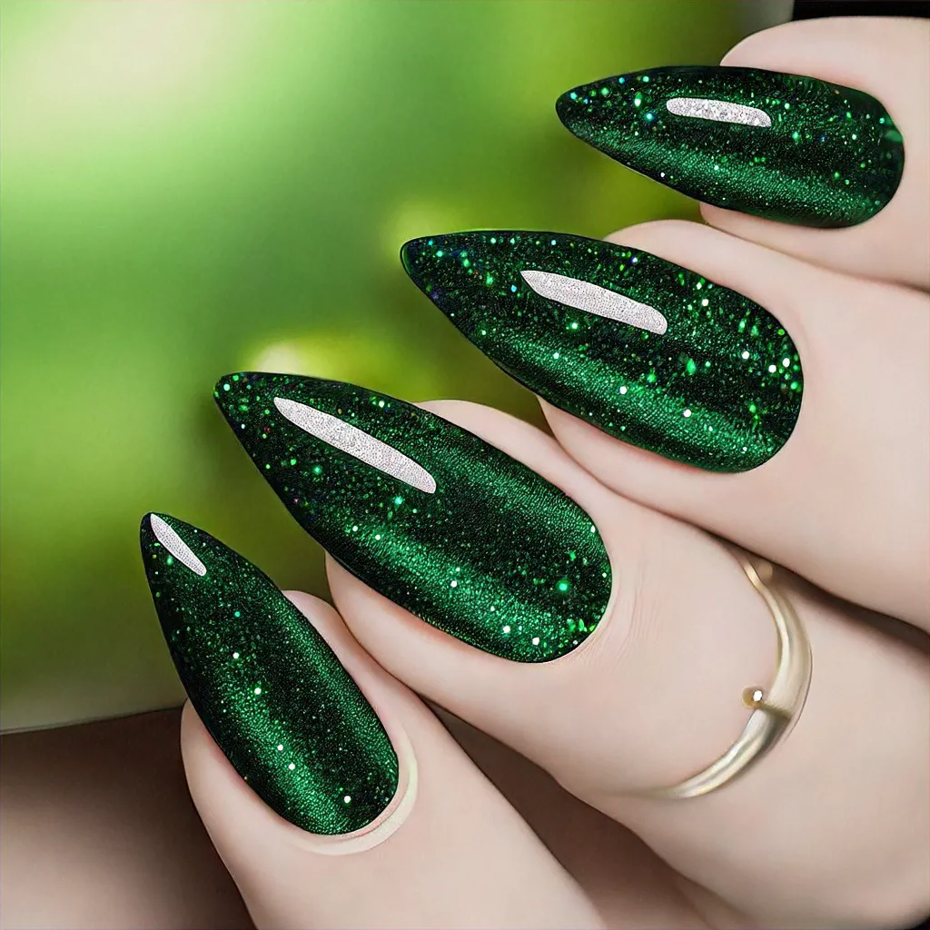 Light-skinned? Try our emerald green, neon-themed, holiday stiletto nails with glitter technique.