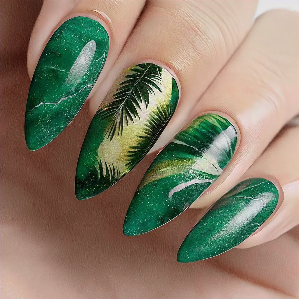 Medium-olive skin glossy with an emerald green, almond shape, palm tree nail art having marble technique for the new year.