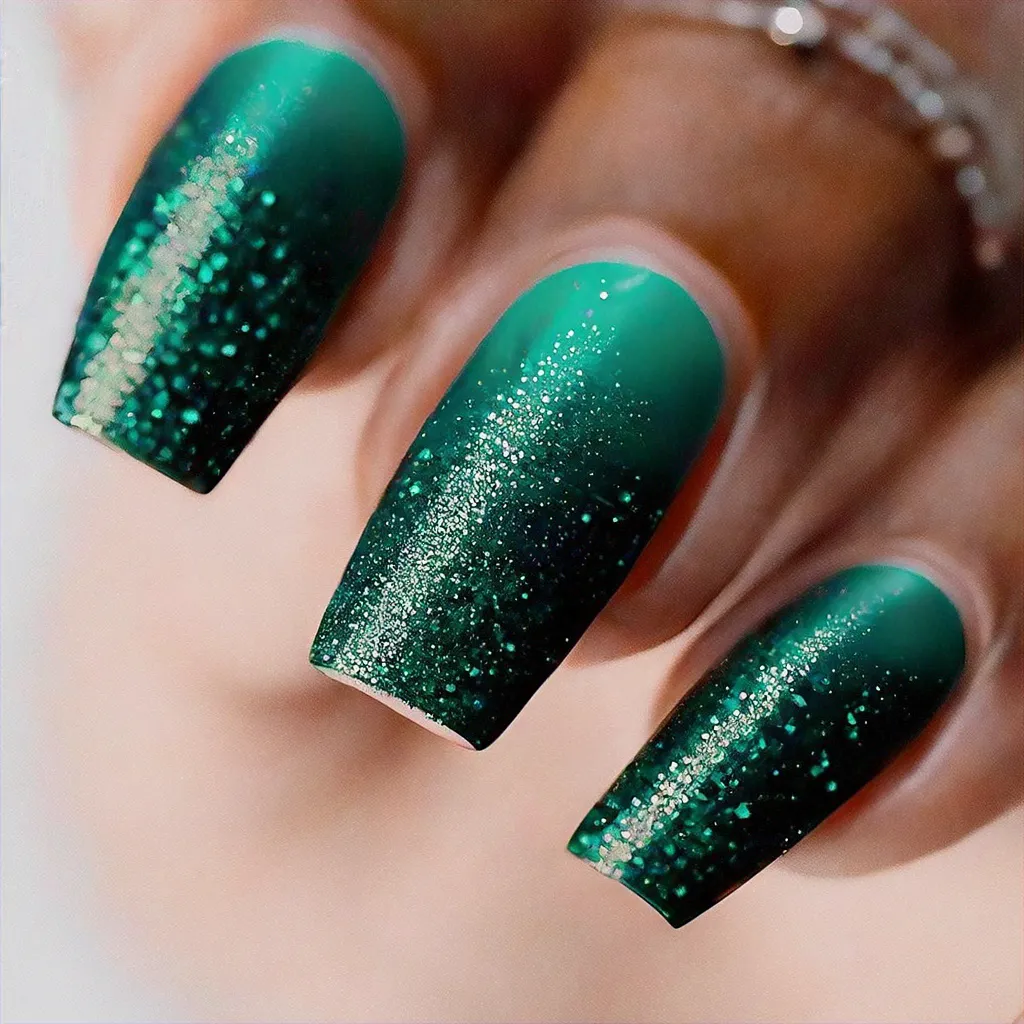 Rock the party with emerald green, peach-style ombre dip powdered coffin nails fitting deep skin tones.