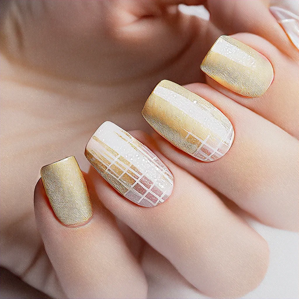 Fair skin glows with an oval gold plaid theme nail art, highlighted by spring-inspired ombre glitter.