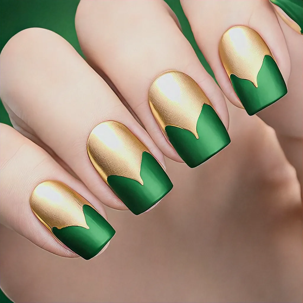 Preppy square-shaped nails with a St. Patrick's Day theme. Features gold ombre effect. Ideal for light skin tones.