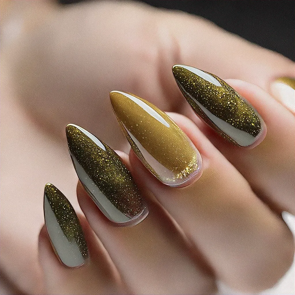 Stiletto shaped, powder-dip golden nails. Perfect for summer and medium-olive skin tones. Suits a professional style.