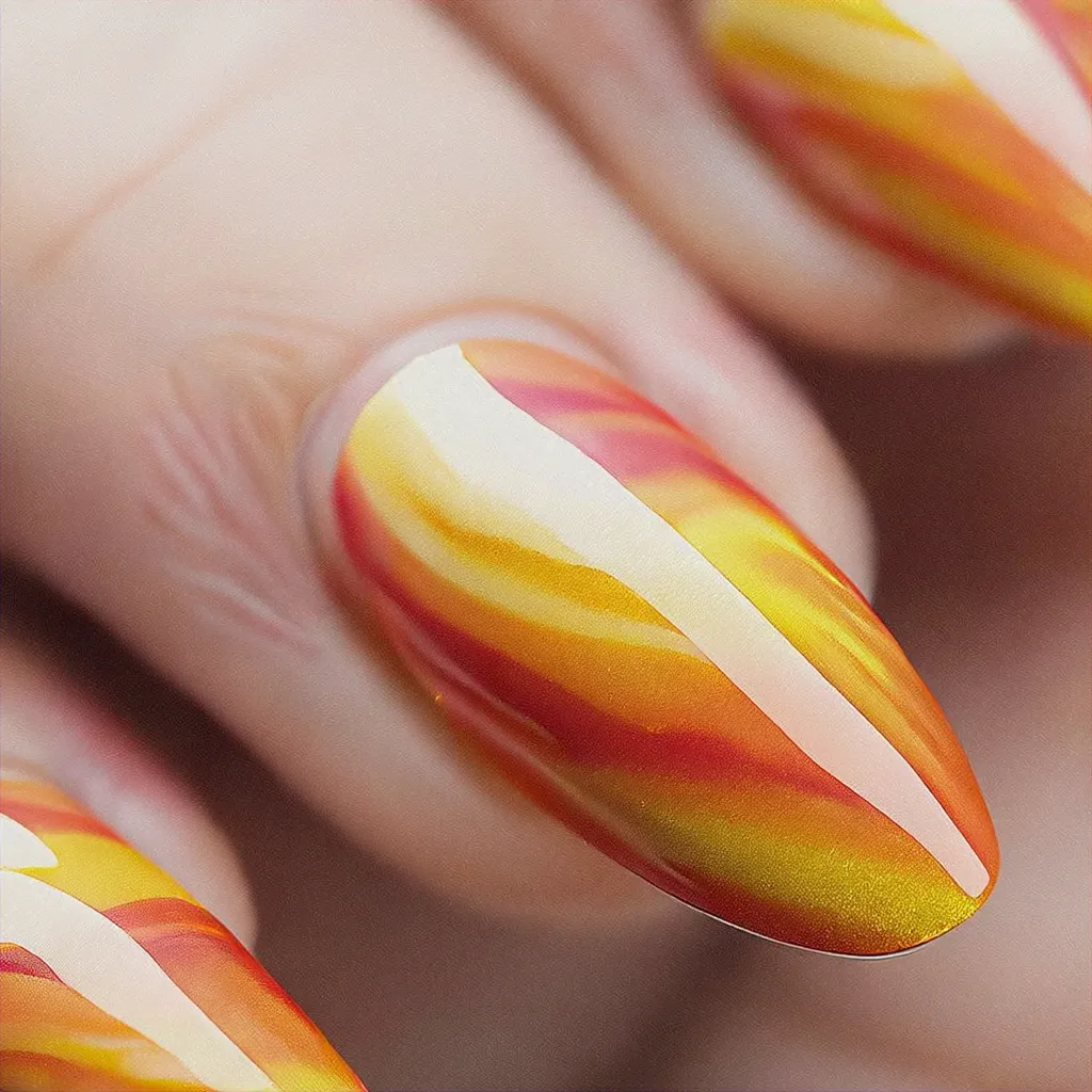 A stunning gold almond-shaped nail design expressing Thanksgiving spirit, styled with a swirl rainbow technique for deep skin tone.