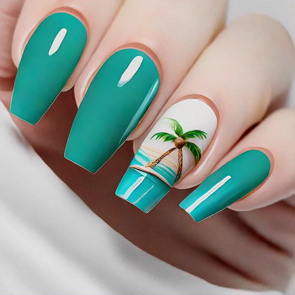 Ideal for fair skin tones, this small, coffin-shaped, vacation-themed nail art in green is done using an airbrush technique.