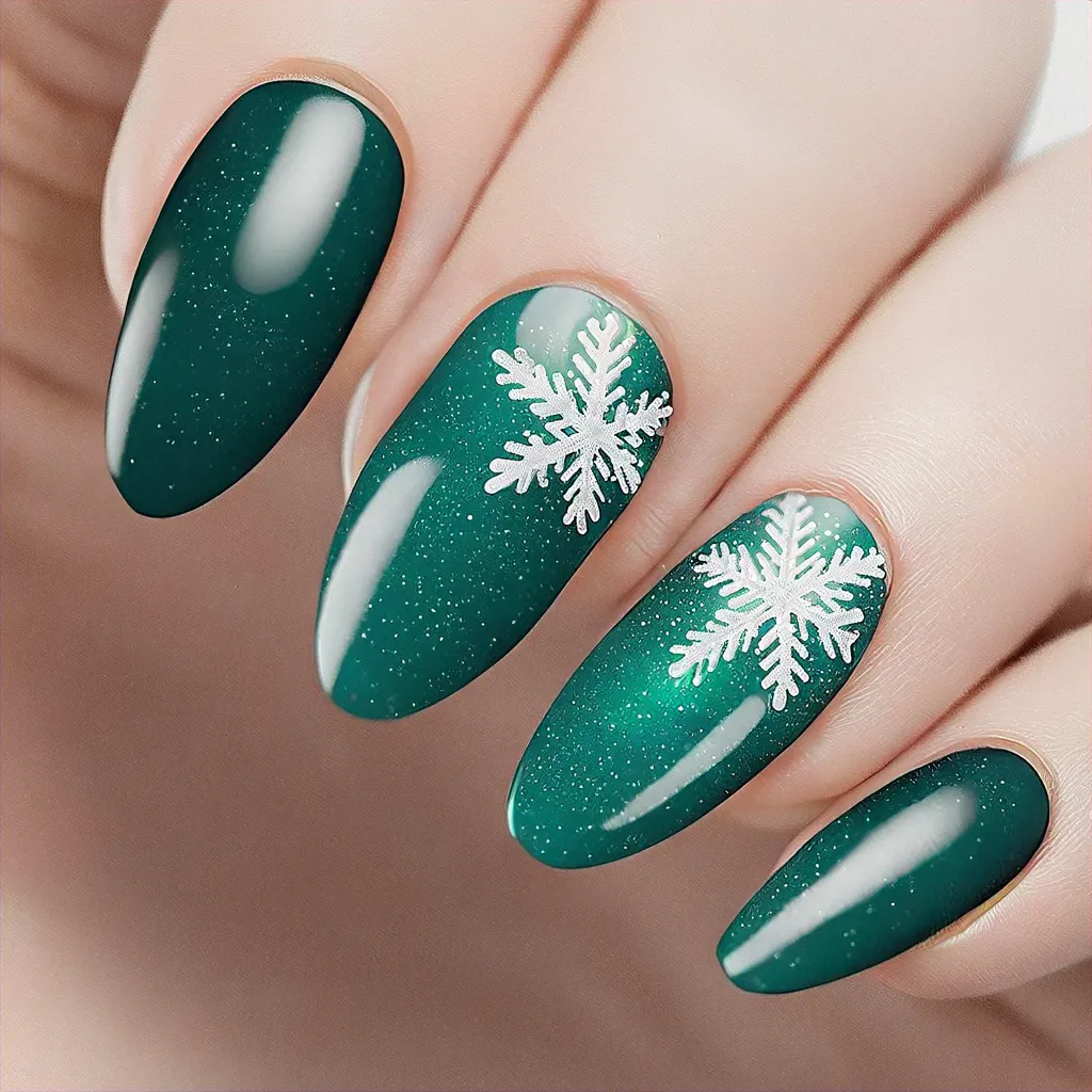 A dazzling green oval nail, adorned with a snowflake theme for Valentine's Day, using cat eye technique, suits light skin.