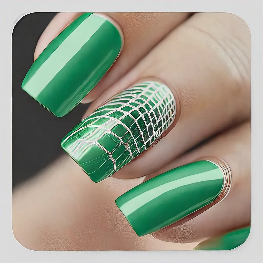 A medium-olive skin toned wedding theme with green chrome spider web styled square nails.