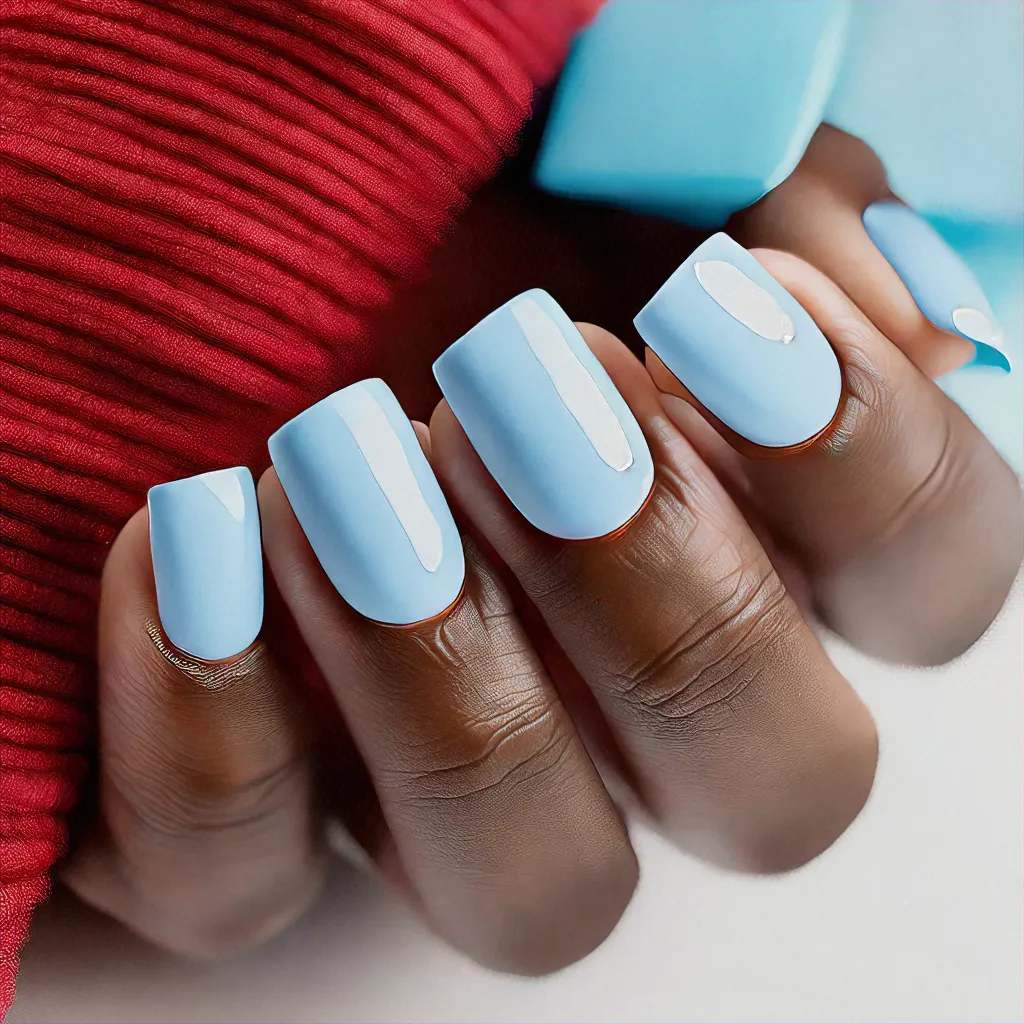 Sport a basic square-shaped, baby blue dip with a celebration theme, perfect for deep skin tones.