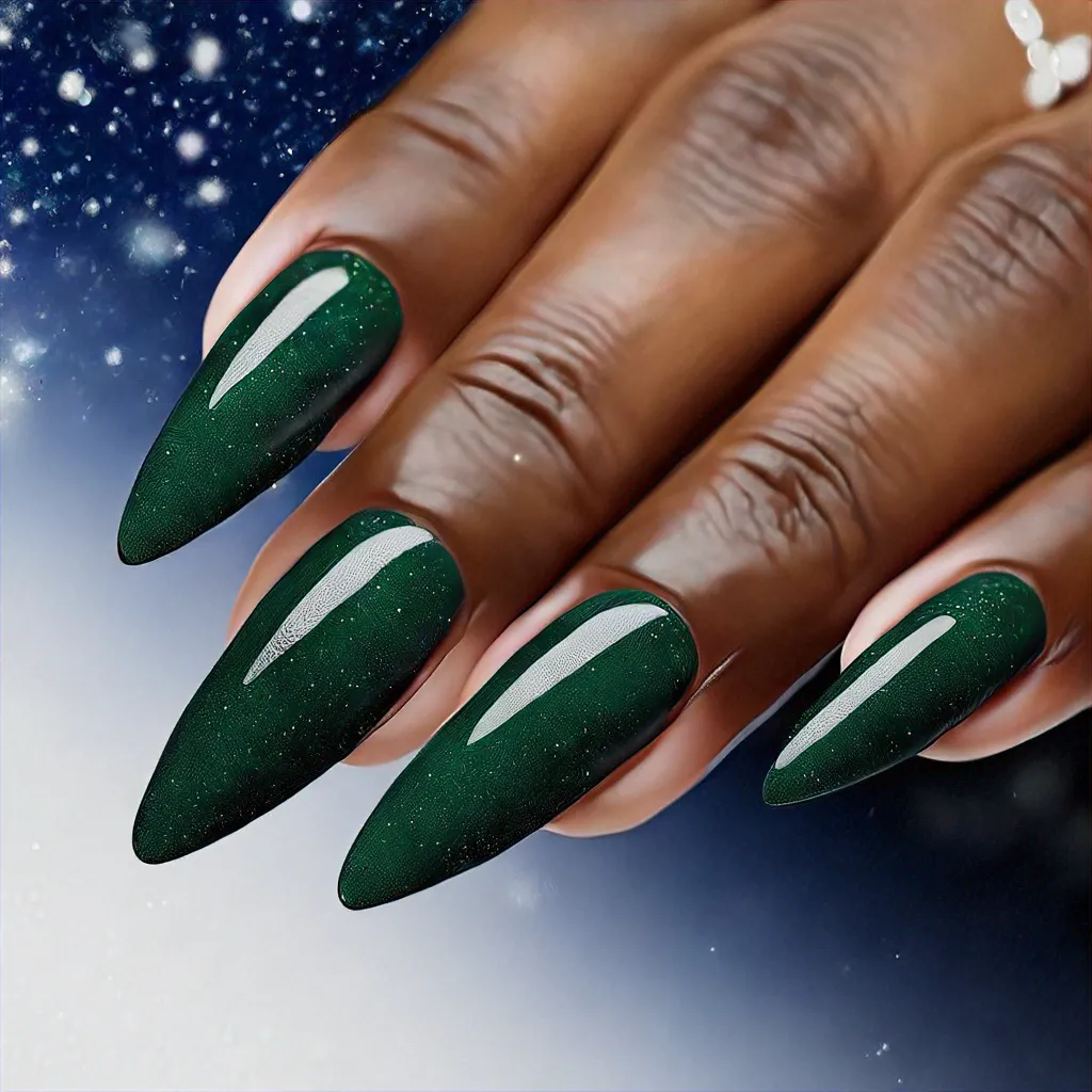 Unearthly green hue on stiletto shaped nails with a winter theme & dip technique, perfect for deep skin tones.