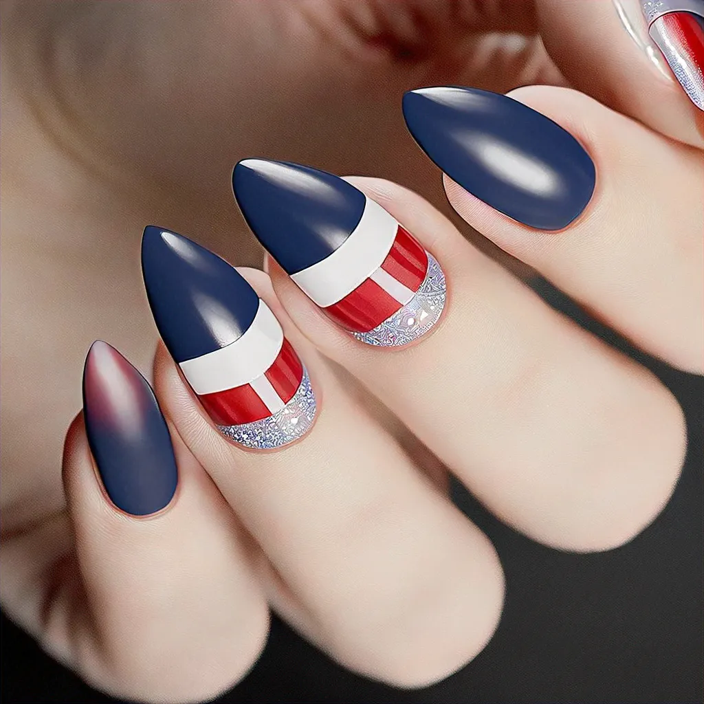 Get ready for 4th of July with a trendy grey-colored almond shape nails & French tips. Ideal for fair skin tone.