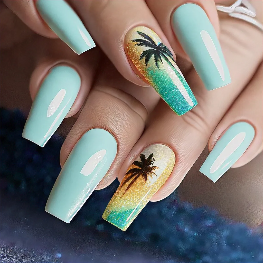 Dreamy grey coffin nails with a tropical beach theme. Accented with glitter. Perfect for light skin tones.