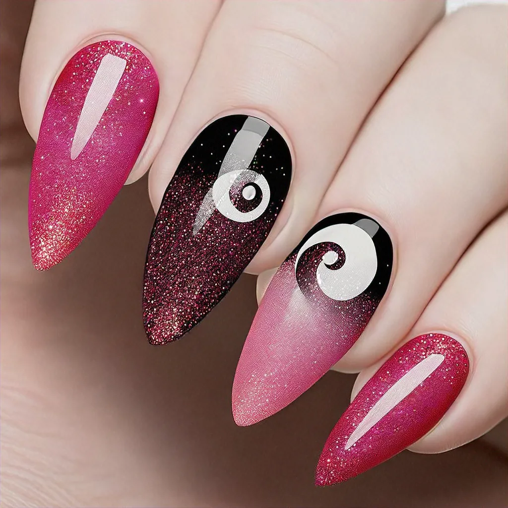 Hot pink stiletto nails, styled in a yin yang Christmas theme, with ombre glitter for fair skin