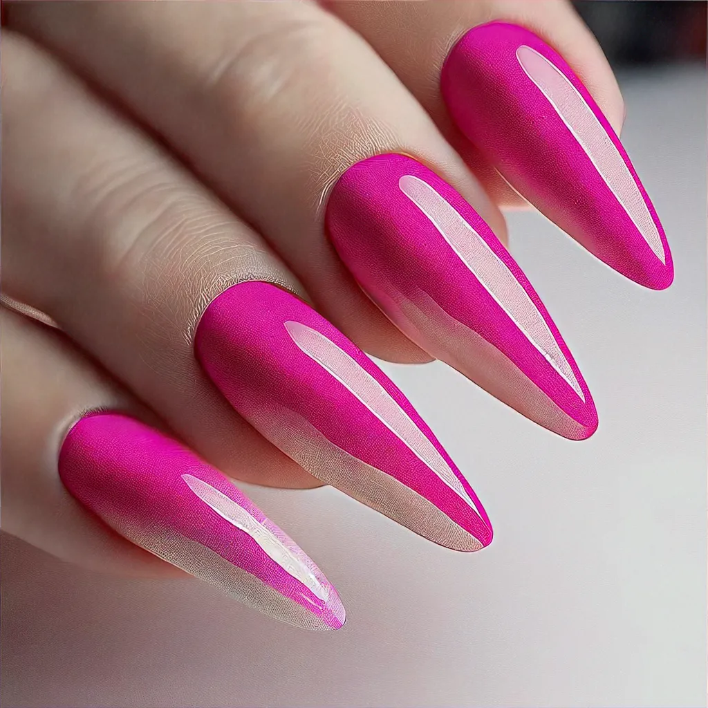 Flaunt hot pink 3D almond-shaped nails designed with ombre techniques complementing your light skin tone on your cruise.