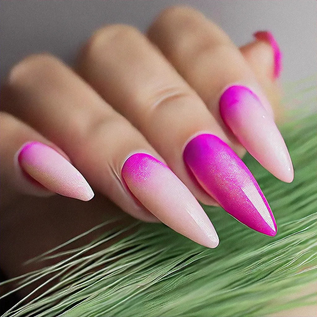 Exquisite hot pink coffin-shaped nails with a dazzling abstract Easter theme, perfected with powder dip for medium-olive skin.