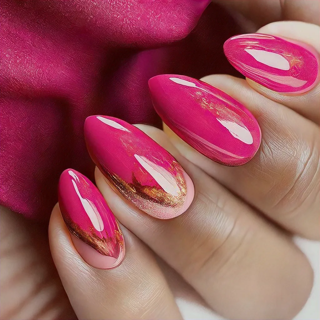 A hot pink, oval shaped nail adorned with swirl techniques, perfect for Fall, and suits deep skin tones.