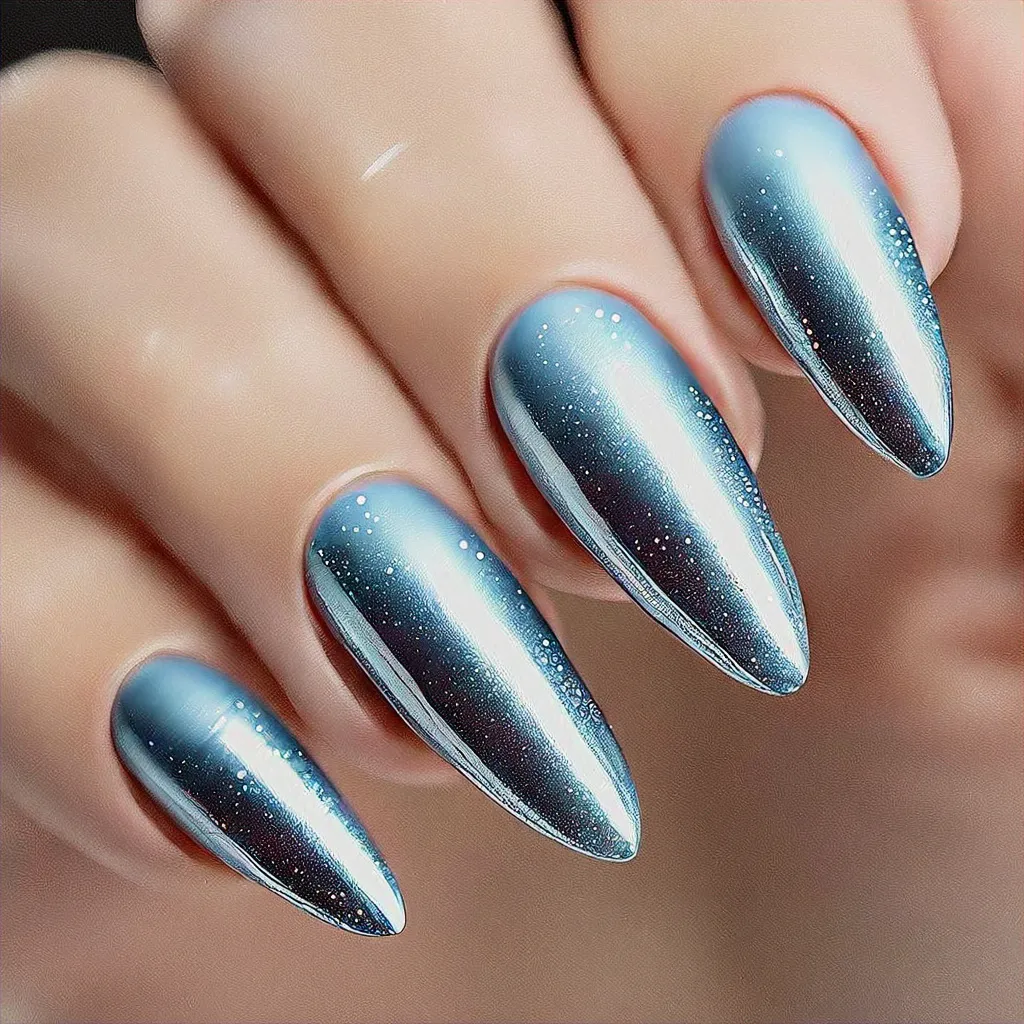 Usher in the New Year with a light blue, boho chrome style on almond shaped nails, ideal for medium-olive skin.