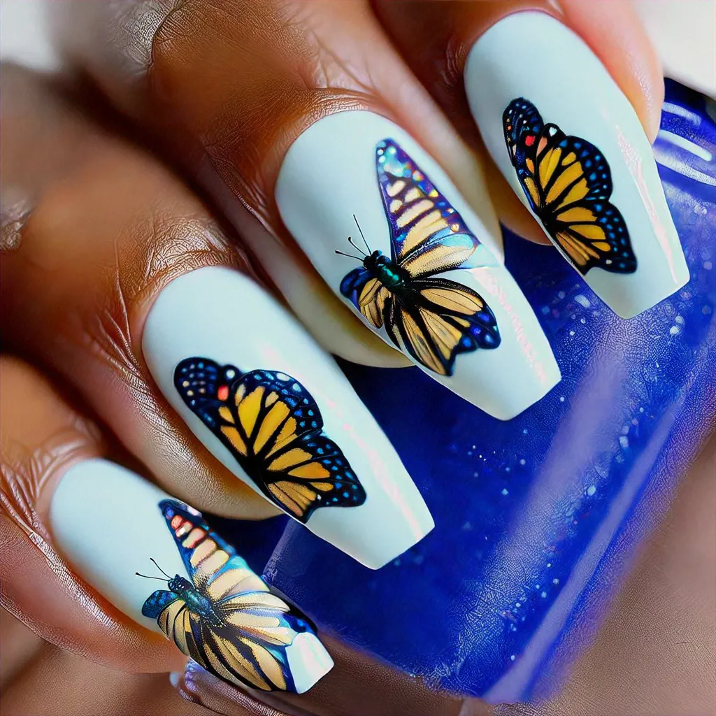 Light blue coffin shaped nails with a party butterfly style, perfect for deep skin tones. Created with dip technique.