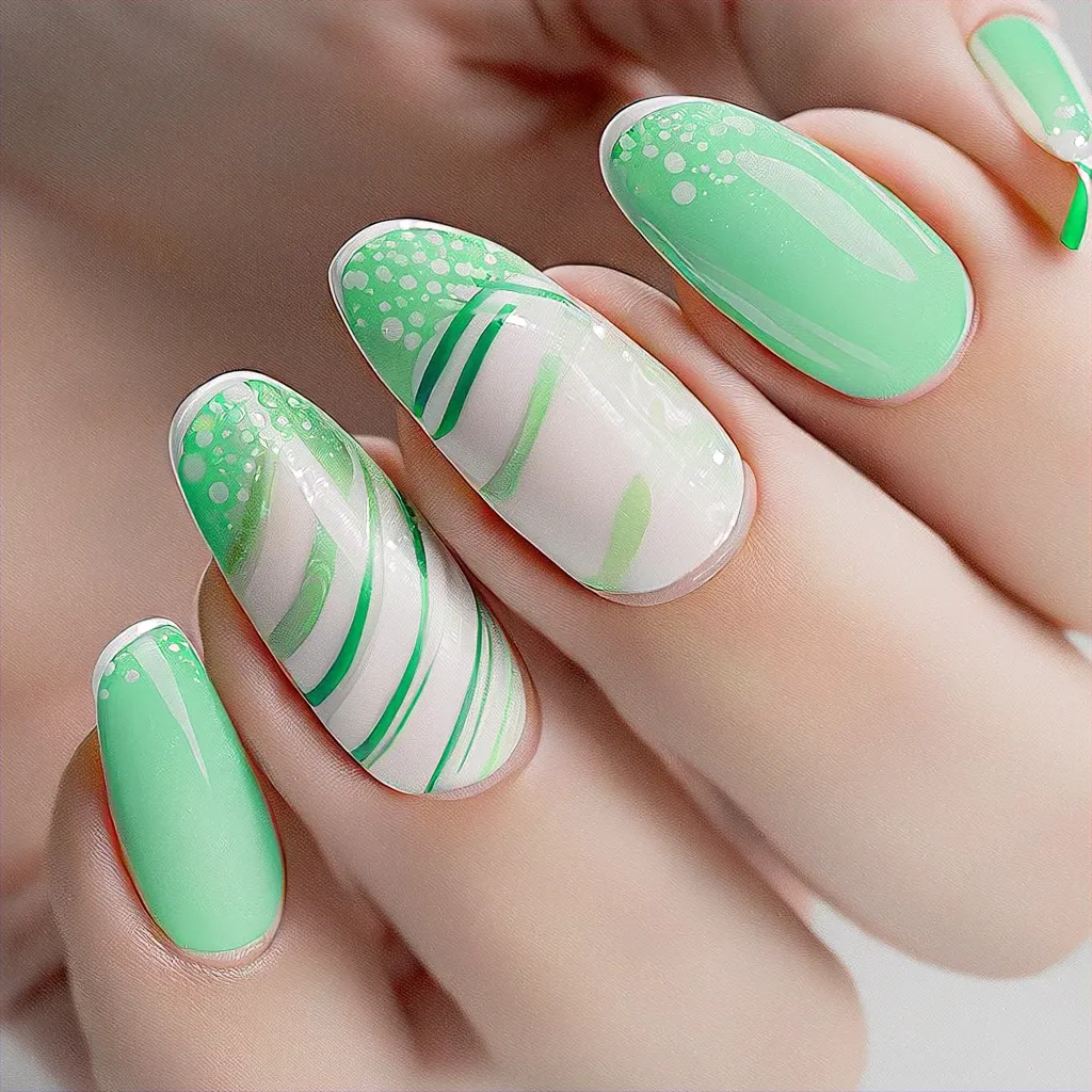 Light green oval nails with spring theme, candy cane style & French tip technique. Ideal for fair skin tones.