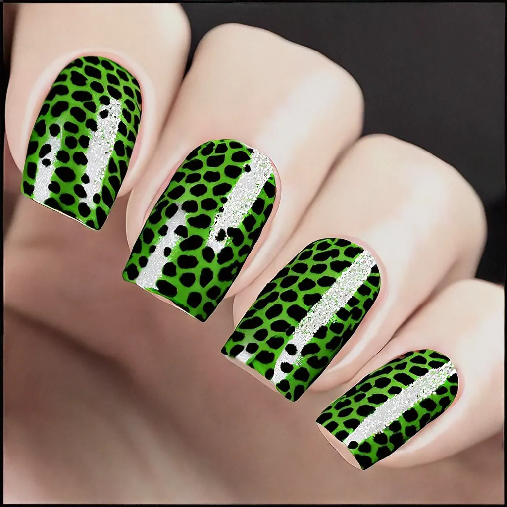 Glamorous cheetah print glitter over light green polish, perfect for St. Patrick's Day and light skin tones. Square-shaped.